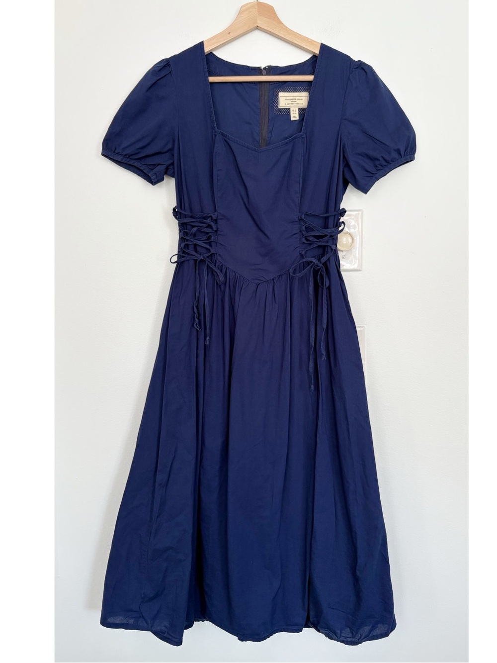 Anthropologie || Moulinette Soeurs Poplin Midi Dress Lace-Up Sides Navy Blue 4